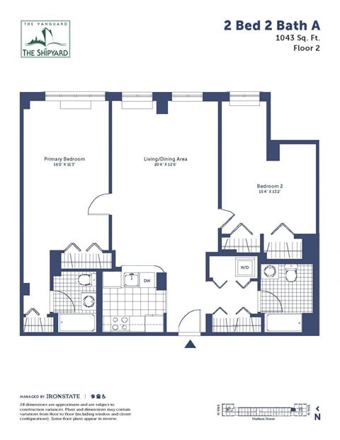 Floor plan for 2 beds, 2 baths, 1043 sqft